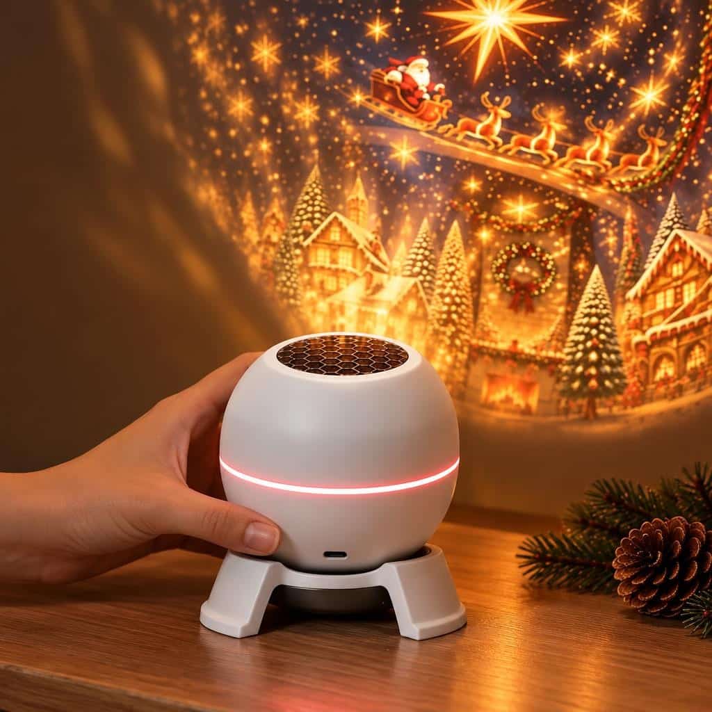 A white ball-shaped holiday projector with a red light ring projects a glowing Christmas village scene with Santa's sleigh on