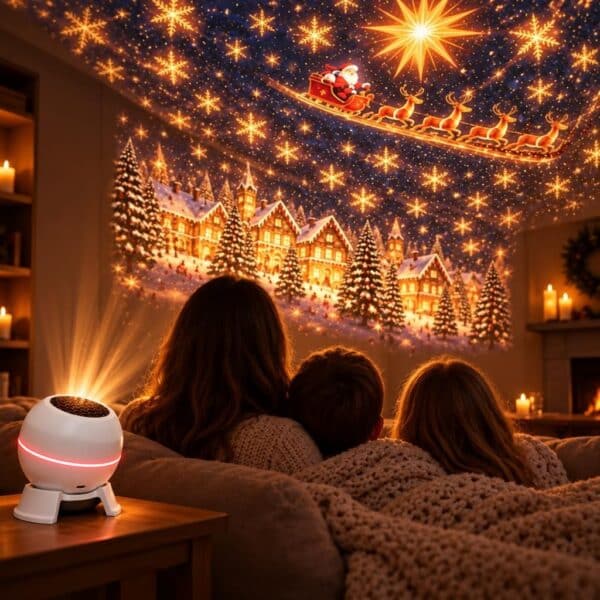 Three people sit on a sofa watching a Christmas scene of Santa's sleigh and reindeer projected onto a wall beside a white pro